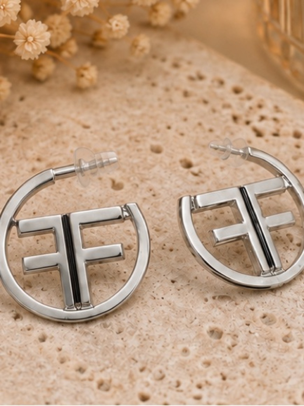 Designer Inspired Silver Logo Hoop Earrings